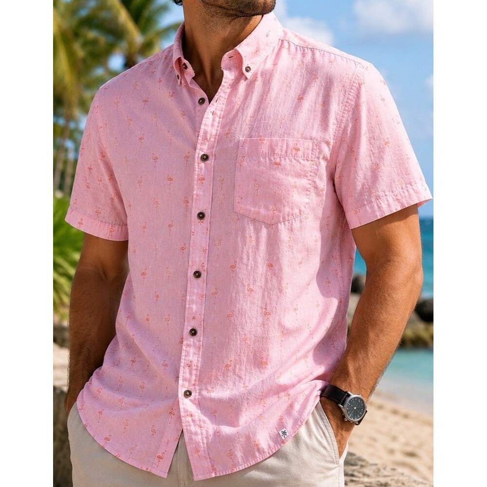 Sovereign Code Mens Pink Flamingo Print Short Sleeve Button-Up Shirt L